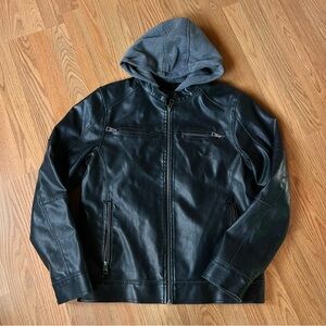 Guess Removeable Hooded Faux Leather Moto Biker Bomber Jacket Black Size Small